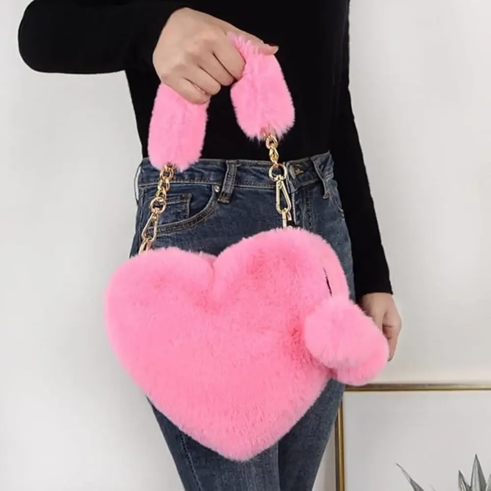 Soft Warm Faux Fur Fuzzy Crossbody Bag Heart Shape Plush Purse Women Wallets - Picture 4 of 5